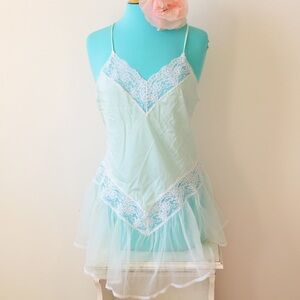 Vintage nylon nightgown, Lace mint green nylon lingerie, Nylon shirt top